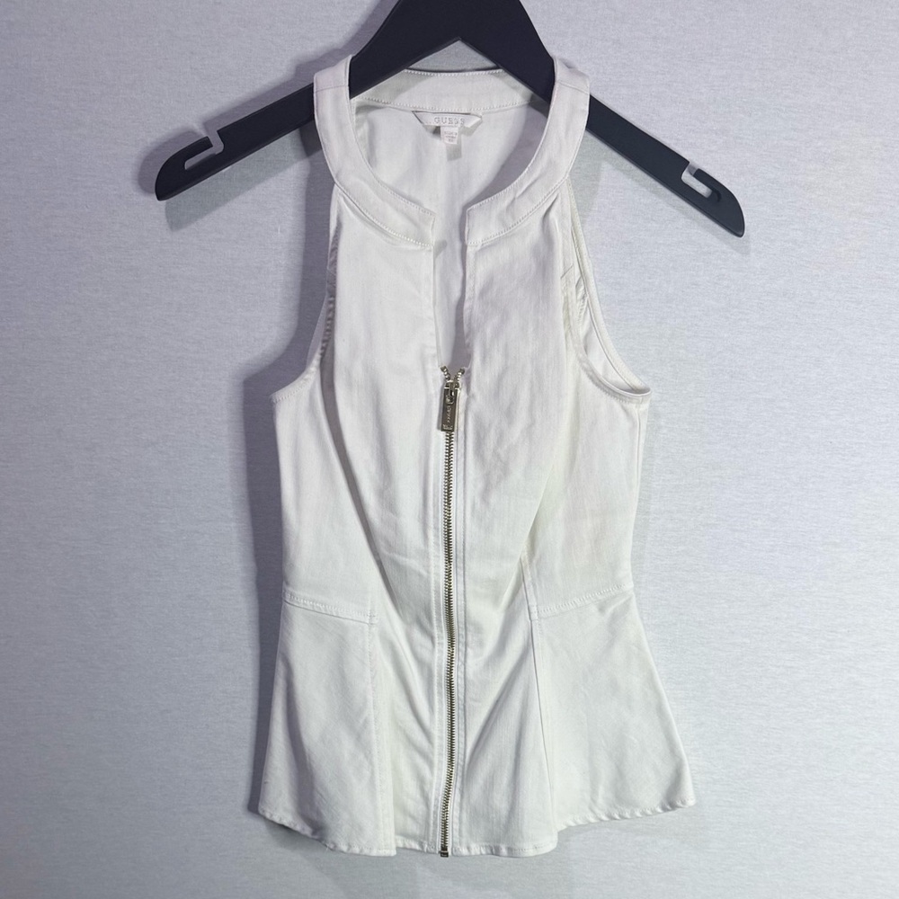 GUESS White Denim Peplum Top with Gold Hardware Detail